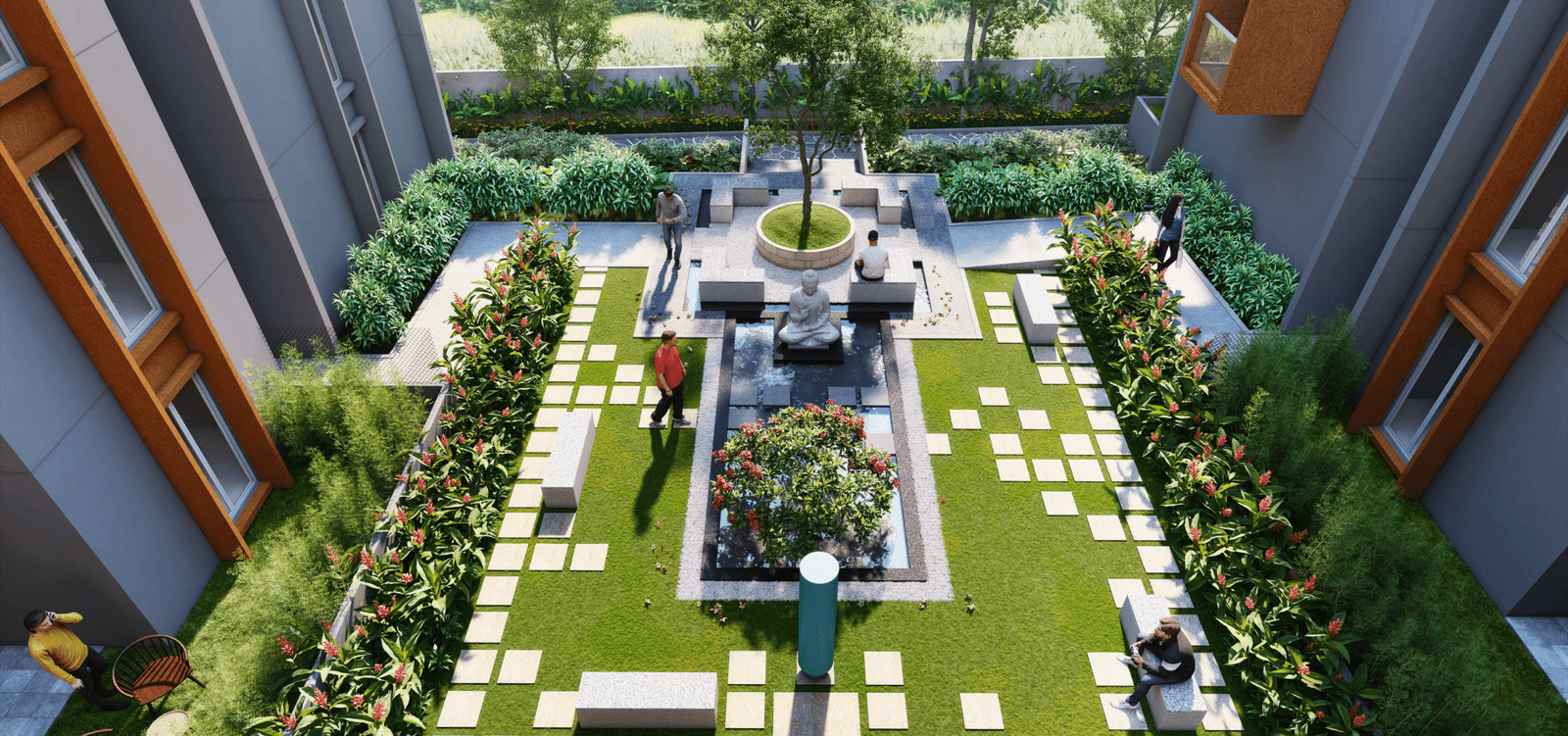 Pebble courts and lush edge planting