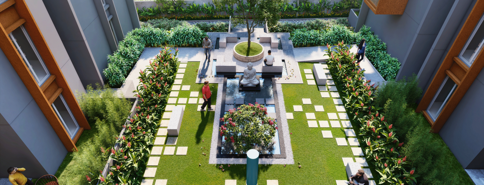 Pebble courts and lush edge planting Pebble courts and lush edge planting